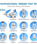 11-piece low-shank presser feet kit; includes zipper, rolled hem, satin stitch, and quilting feet