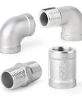 Four-piece TAISHER 304 stainless steel pipe fittings set: two 90-degree elbows, hex bushing, and 3/8-inch NPT coupling.