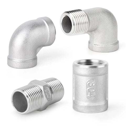 Four-piece TAISHER 304 stainless steel pipe fittings set: two 90-degree elbows, hex bushing, and 3/8-inch NPT coupling.