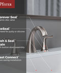 8 Inch Widespread Bathroom Sink Faucet With Three Holes And Two Handles Brushed Nickel Finish Push And Seal Drain NSF Certified displayed with installation features highlighted on a vanity
