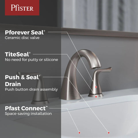 8 Inch Widespread Bathroom Sink Faucet With Three Holes And Two Handles Brushed Nickel Finish Push And Seal Drain NSF Certified displayed with installation features highlighted on a vanity