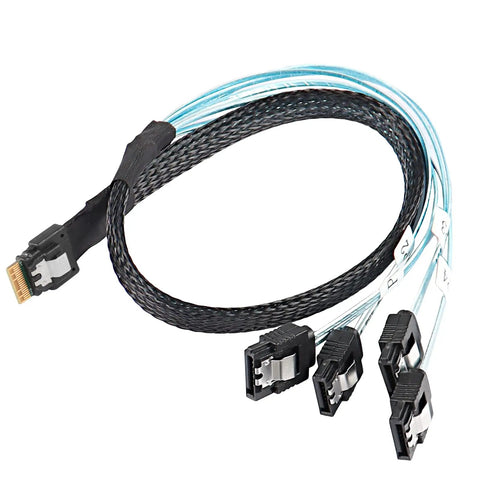 Slimline SAS 4.0 SFF8654 4i 38 Pin Host To SATA 7 Pin Cable For Internal Drives Ideal For Servers And PCs Fast Data Transmission X4 Target Connector 0.5M Length, braided 4x SATA ends