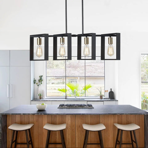 Four Light Wood Chandelier With Black Wood Frame And Gold E26 Socket Industrial Rectangle Linear Pendant Light Over Kitchen Island