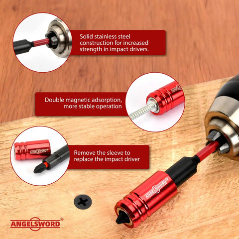 Close-up of Pro Grade Countersink Drill Bit Set 19 Piece with magnetic extension shaft on wooden surface, illustrating usage.