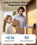 No Sweat Biometric Fingerprint Door Lock With Smooth Integrated Handle And Built In Wifi For Big Time Smart Home Security With Instant Remote Access Controls For Everyday Family Life. Family member using fingerprint access for door with packages.