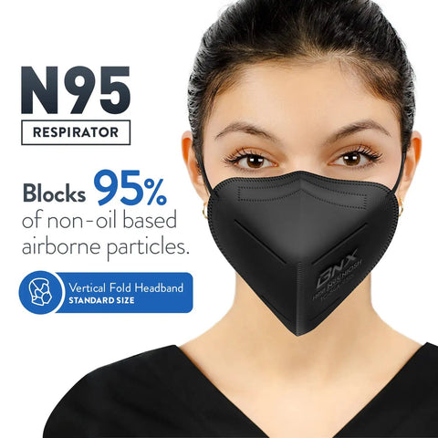Person wearing 10 Pack N95 Mask Made In USA Particulate Respirator With 95 Percent Filtration For Non Oil Based Particles 0.3 Micron