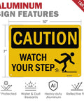 Kickass Caution Watch Your Step Signs 2 Pack 10 X 7 Inch Rust Free Reflective Aluminum Safety Plaque showing features of sign.