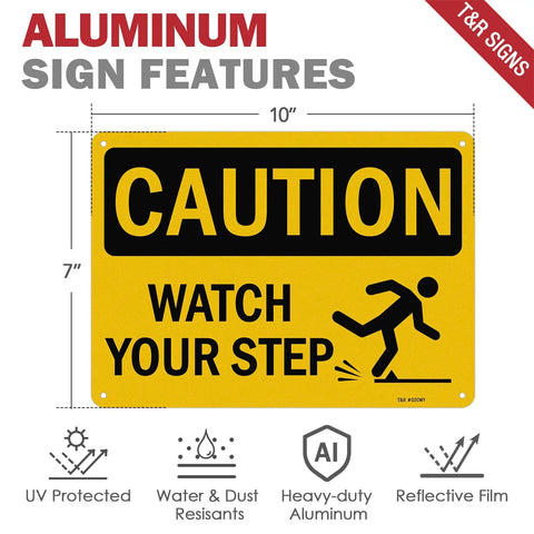 Kickass Caution Watch Your Step Signs 2 Pack 10 X 7 Inch Rust Free Reflective Aluminum Safety Plaque showing features of sign.