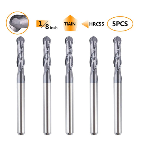 Five-Piece Ball Nose Router Bit Set With One Eighth Inch Cutting Diameter One Half Inch Cutting Length One And A Half Inch Overall Length Up Cut Spiral CNC Tool HRC55 Tungsten Carbide With TiAlN Coating Two Flute Woodworking Milling Bits displayed in a line