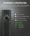 Close-up of Go-To 3-In-1 Flat EDC Flashlight with battery indicator on hexagonal background.