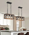 Industrial Farmhouse Three Light Pendant Ceiling Light With Wood Grain Finish in a kitchen setting, adjustable height over the island
