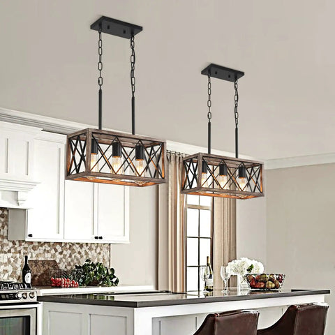 Industrial Farmhouse Three Light Pendant Ceiling Light With Wood Grain Finish in a kitchen setting, adjustable height over the island
