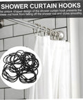 30 Pack Oval Shower Curtain Hooks Black Rustproof Metal Rings With Smooth Glide, shown on rod with white curtain.