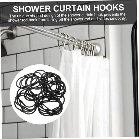 30 Pack Oval Shower Curtain Hooks Black Rustproof Metal Rings With Smooth Glide, shown on rod with white curtain.