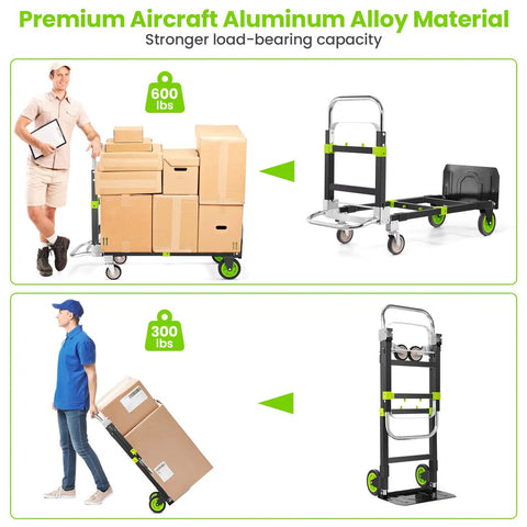 3-In-1 Folding Hand Truck Dolly With Retractable Handle And Four Wheels, heavy-duty convertible cart, green, weight capacities shown