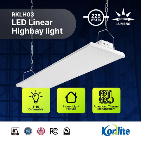 4Ft LED Highbay Light Pack Of Two, 225W, 30600 Lumens, Daylight White 5000K, 1-10V Dimmable, UL And DLC Listed for industrial use