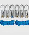 Six Pack Metal Rope Adjusters With Rustproof Brass Cam Tensioners And 9 Foot Reflective Braided Cords for camping tents and tarps
