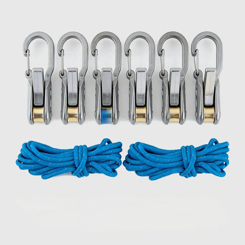 Six Pack Metal Rope Adjusters With Rustproof Brass Cam Tensioners And 9 Foot Reflective Braided Cords for camping tents and tarps