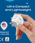 Hand holding Ultra Compact 2 In 1 USA To Africa Travel Adapter Set with USA flag icon, CE and RoHS compliant badges
