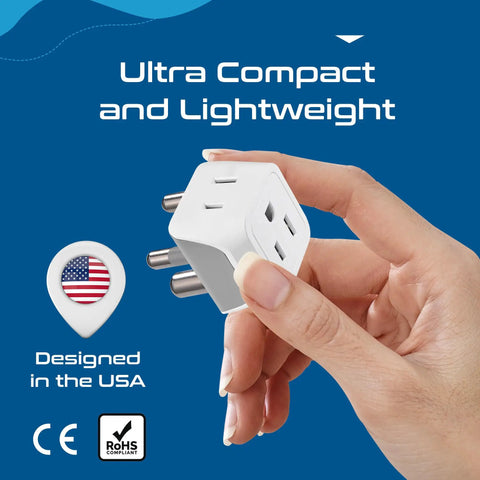 Hand holding Ultra Compact 2 In 1 USA To Africa Travel Adapter Set with USA flag icon, CE and RoHS compliant badges