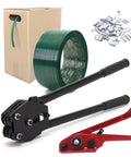 Legit Heavy Duty Poly Banding Strapping Kit With 1000 Ft Pet Strap And Pro Ratchet Tensioner Upgraded Sealing Tool Plus Hundred Steel Seals, includes green strap, tensioner, and seals.