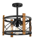 Three-Light Farmhouse Semi Flush Mount Ceiling Light With Dope Walnut Wood And Matte Black Finish, 13 Inch Open X-Brace Barn Style Fixture