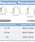 Front view of white plastic PVC conduit pipe strap clamps for 20–32 mm pipes with screws.