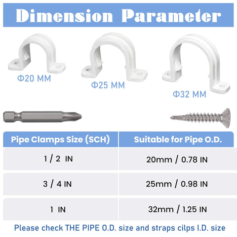 Front view of white plastic PVC conduit pipe strap clamps for 20–32 mm pipes with screws.