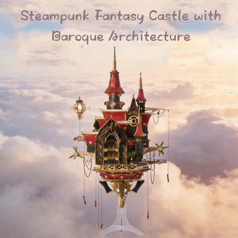 Epic 3D Wooden Puzzle Kit For Adults Steampunk Castle Model With LED Lights DIY Architectural Build For Display Decor And Gift Ideas 699 Pieces Great Gift For Puzzle Lovers, front view
