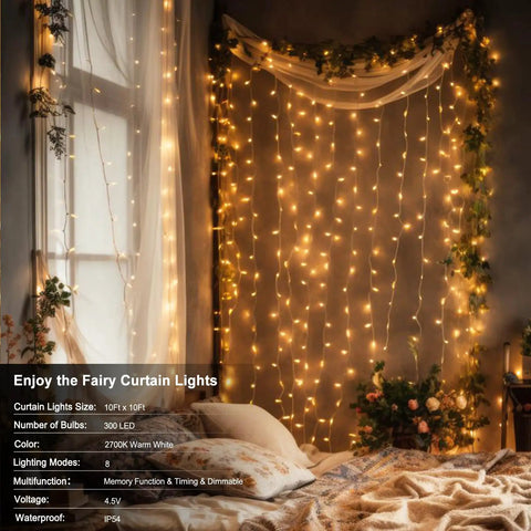 Battery Operated Fairy Curtain Lights With Remote Timer Nine Point Eight Feet By Nine Point Eight Feet Of Warm White LEDs for bedroom decor
