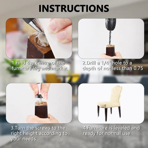 Instructions for installing 28 Pack M6 Thread Adjustable Furniture Levelers in Galvanized Steel for sofa table chair cabinet legs.