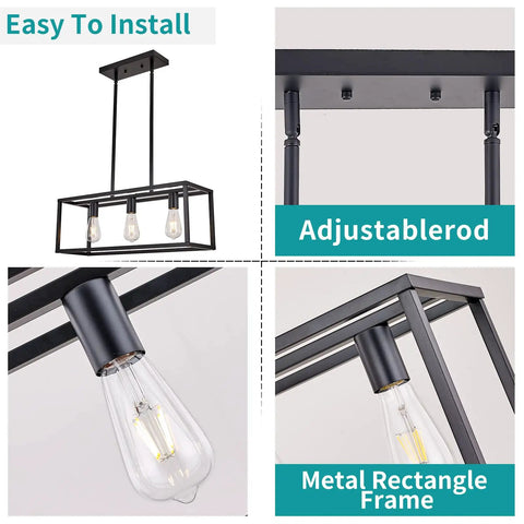Farmhouse Rectangle Chandelier Pendant Light For Dining Room And Kitchen Island Dope Modern Linear Hanging Light Fixture in Matte Black.