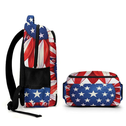 Side view of USA Flag Sunflower Printed Unisex Backpack with Large Capacity Durable Polyester Daypack showing patriotic design.