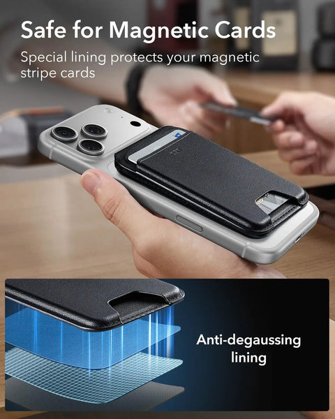 MagSafe Wallet With Stand And RFID Blocking Ring Included Slim Five Card Magnetic Wallet for iPhone 17 Series, prevents degaussing.