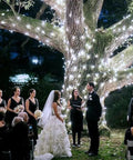 Outdoor wedding ceremony with tree wrapped in fairy lights, providing a romantic atmosphere for the couple and bridal party.