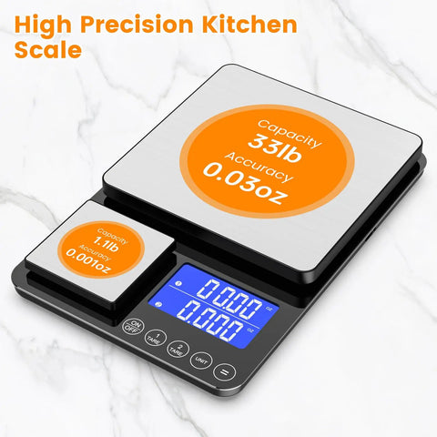 Two-In-One Dual Platform Kitchen Scale With 33 Lb Large Platform And 1.1 Lb Small Platform, 0.03 Ounce And 0.001 Ounce Precision