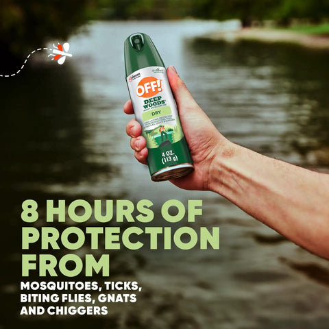 Hand holding 4 oz can of Insect Repellent Aerosol With Dry Non Greasy Formula And 25 Percent DEET For Long Lasting Mosquito And Tick Protection