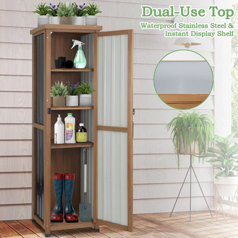 62 Inch Tall Narrow Outdoor Storage Cabinet With Metal Top Waterproof All Weather Storage Unit, open view with shelves