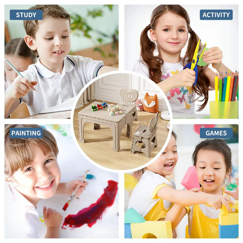 Kids using Khaki Kid Friendly Folding Table And Chairs Set for crafts, learning, and play indoors, with a focus on versatility.