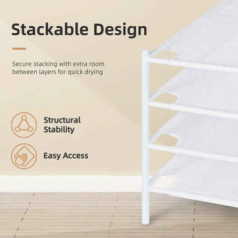 Stackable mesh drying rack for sweaters and delicates, showing three-layer design with white plastic mesh for quick drying.