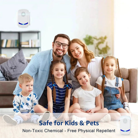 Family sitting on the couch with Upgraded Ultrasonic Pest Repeller 2026 6 Pack Plug In Indoor Pest Be Gone Control on shelf.