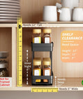 Pull Out Spice Rack Organizer For Cabinets, 3 Pack Slide Out Pantry Shelves, Black Double Tier Drawer Insert Holds Thirty Jars with height clearance.
