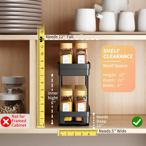 Pull Out Spice Rack Organizer For Cabinets, 3 Pack Slide Out Pantry Shelves, Black Double Tier Drawer Insert Holds Thirty Jars with height clearance.