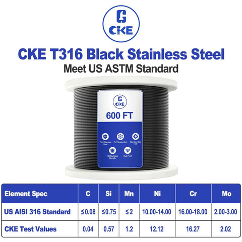 Heavy Duty 1/8 Inch Black Stainless Steel Cable Wire Rope For Deck Railing Kit T316 Marine Grade 600 ft spool