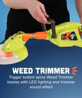 Six Piece Power Gardening Toy Set For Kids Ages 3 And Up Featuring A Child Safe Weed Trimmer with LED lighting