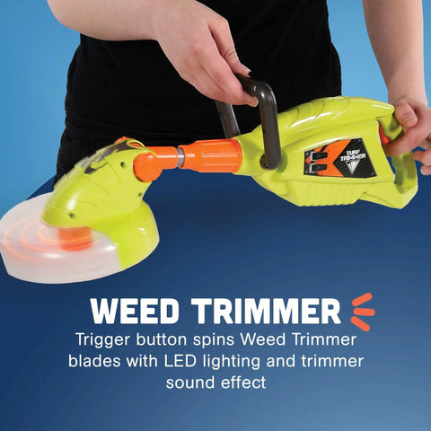 Six Piece Power Gardening Toy Set For Kids Ages 3 And Up Featuring A Child Safe Weed Trimmer with LED lighting