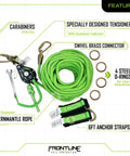Heavy Duty 100 Foot Adjustable Horizontal Lifeline System For Up To Four Technicians With Badass Six Foot Anchor Straps No Fuss Assembly Reusable Fall Arrest Gear Built Legit To Clear Osha Ansi Codes features adjustable rope, carabiners, tensioner and anchor straps.