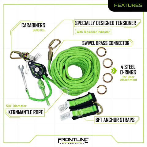 Heavy Duty 100 Foot Adjustable Horizontal Lifeline System For Up To Four Technicians With Badass Six Foot Anchor Straps No Fuss Assembly Reusable Fall Arrest Gear Built Legit To Clear Osha Ansi Codes features adjustable rope, carabiners, tensioner and anchor straps.