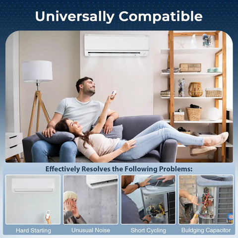 Couple in living room with air conditioner, Dual Run Start Round Air Conditioner Capacitor 50 And 5 uF, 370 To 440 VAC use