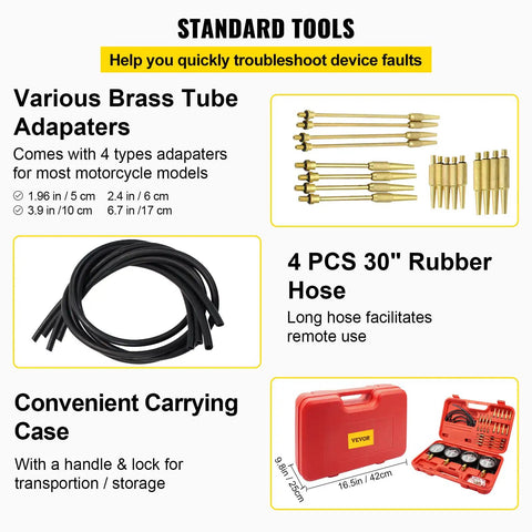 Fuel Vacuum Carburetor Synchronizer Tool Kit With 2 Inch Gauge Set And Rubber Hose For Motorcycle Tuning Carb Sync Gauge With Readouts From 0 To 76 cm Hg Shutoff Valve Chrome Finish Easy Spark Misfire Troubleshooting And Engine Performance. Brass adapters and rubber hose set in red carrying case.